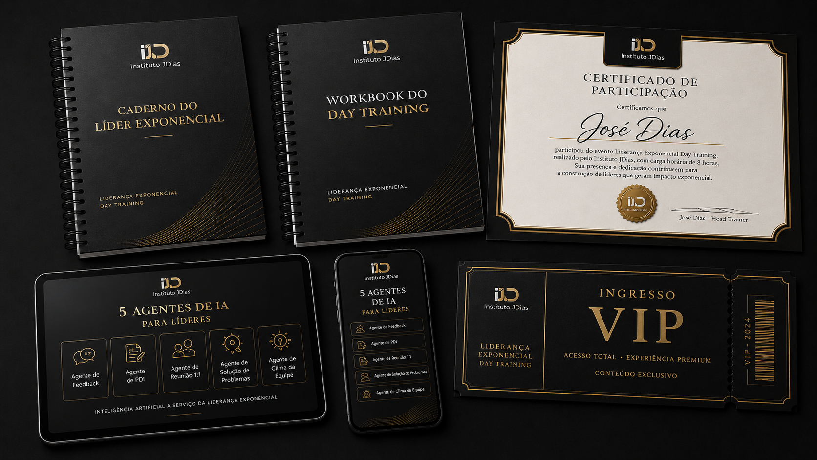 Materiais premium do treinamento: caderno, workbook, certificado, ingresso VIP e app